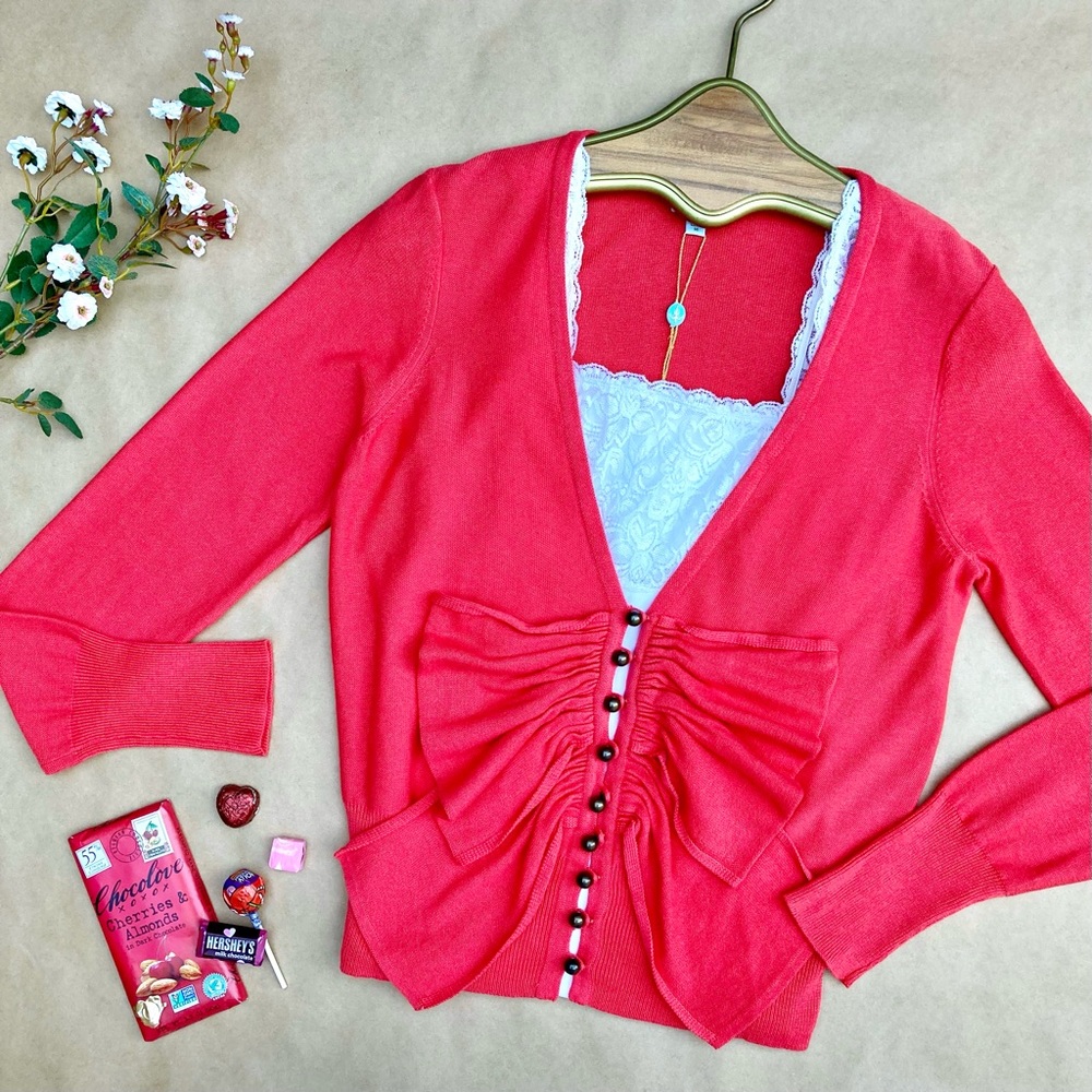 Anthro ❉ Tracy Reese Ruffle Bow Cardigan Sweater in Coral Red Pink Size M